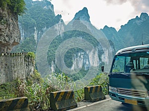 Beautiful view on the bus on tongtian road moving from tianmen mountain heaven gate cave