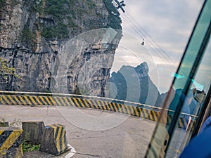 Beautiful view on the bus on tongtian road moving from tianmen mountain heaven gate cave on tianmen mountain national park