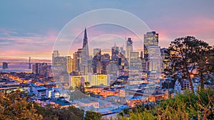 Beautiful view of  business center in downtown San Francisco at sunset