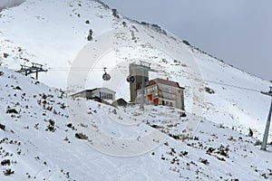 Beautiful view of the cableway and Skalnate Pleso station at Tatranska Lomnica resort, High Tatras, Slovakia