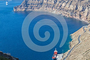 Beautiful view of Caldera with passenger cruises. Santorini, Greece.