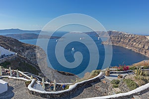 Beautiful view of Caldera with passenger cruises. Santorini, Greece.