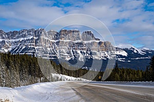 Beautiful view of the Canadian Rockies from Highway 93, in Kootenay National Park in winter