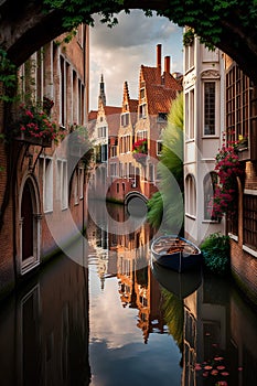 Beautiful view of canal and houses in Bruges, Belgium
