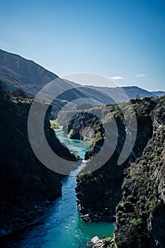 Beautiful view of a canyon near the Kawarau Bridge taken on a sunny spring day, New Zealand