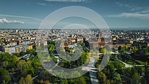 Beautiful view of the castle and city park. Aerial view photo of famous Sempione park in the heart of Milano, Lombardia photo