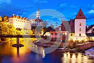 Beautiful view of castle and river Vltava in Cesky Krumlov after sunset, Czech republic at night