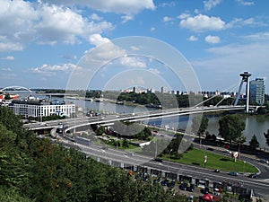 Beautiful view from the castle to Bratislava where you can see the river Danube and the SNP bridge