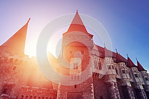 Beautiful view of castle with wooden bridge and high towers