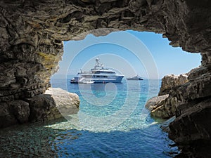 Beautiful view from the cave of the ANTIPAXOS island, near Voutoumi beach, Ionian Islands, Greece in summer.