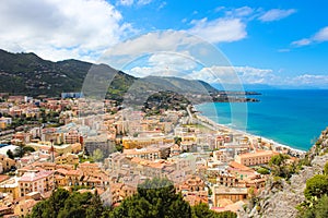 Beautiful view of Cefalu, Sicily, Italy taken from adjacent hills overlooking the bay. The amazing city on the Tyrrhenian coast