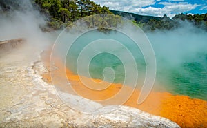 Beautiful view of Champagne pool an iconic tourist attraction of Wai-O-Tapu the geothermal wonderland in Rotorua, NZ.