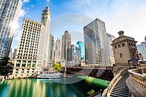 Beautiful View of Chicago river buildings modern architecture