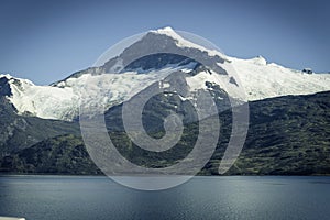 Beautiful view of the Chilean Fjords region in south Patagonia in Chile. Cruise ship sailing the Glacier Alley from the Beagle