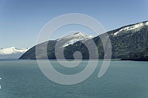 Beautiful view of the Chilean Fjords region in south Patagonia in Chile. Cruise ship sailing the Glacier Alley from the Beagle