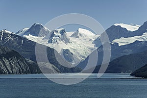 Beautiful view of the Chilean Fjords region in south Patagonia in Chile. Cruise ship sailing the Glacier Alley from the Beagle