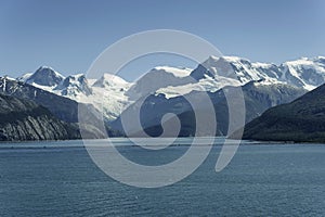 Beautiful view of the Chilean Fjords region in south Patagonia in Chile. Cruise ship sailing the Glacier Alley from the Beagle