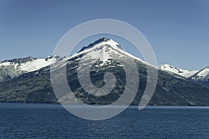 Beautiful view of the Chilean Fjords region in south Patagonia in Chile. Cruise ship sailing the Glacier Alley from the Beagle