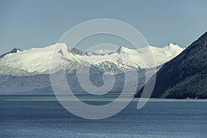 Beautiful view of the Chilean Fjords region in south Patagonia in Chile. Cruise ship sailing the Glacier Alley from the Beagle