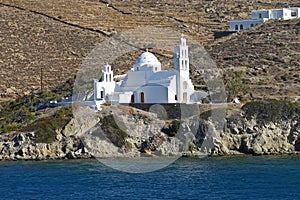 Beautiful view of the church of Agia Irini at the entrance to the port of Ios, Greece