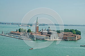 Beautiful view of Church of San Giorgio Maggiore from San Marco Companile in Venice Italy