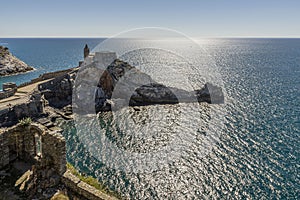 Beautiful view of the Church of San Pietro overlooking the sea of Portovenere, Liguria, Italy