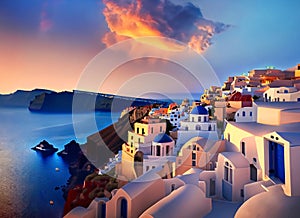 Beautiful view of Churches in Oia village Santorini island in Greece at sunset. Generative AI