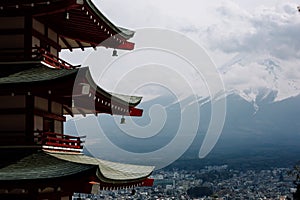 Beautiful view of a Chureito Pagoda with Mount Fuji at Arakurayama Sengen park photo