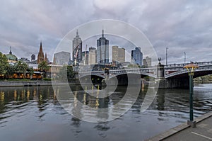 Beautiful view of the city center of Melbourne, Australia, and the Yarra River at dusk