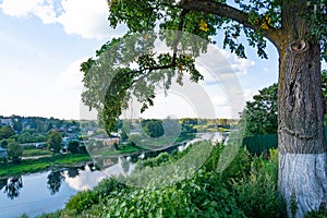 Beautiful view of the city of Torzhok and the Tvertsa River from the observation deck in the park `Love and Fidelity`. Beautiful l