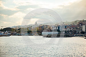 Beautiful view of cityscape and harbor of Messina from ferry, Sicily, Italy
