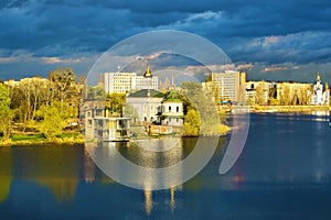 Beautiful view of cityscape in the summer. Church of Blessed Xenia of St. Petersburg on the riverbank of the river Southern Bug