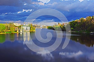 Beautiful view of cityscape in the summer. Church of Blessed Xenia of St. Petersburg on the riverbank of the river Southern Bug