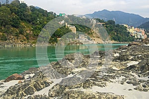 Beautiful view of the clear Ganga river in Rishikesh