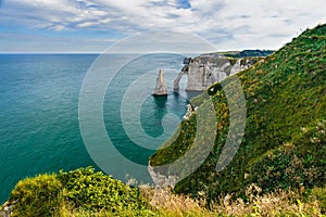 Beautiful view of cliffs Aval of Etretat and beautiful famous coastline ,Normandy, France, Europe