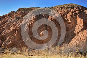 Beautiful view of cliffs from yellow red limestone. Kyrgyzstan