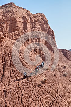 Beautiful view of cliffs from yellow red limestone. Kyrgyzstan