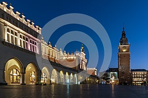Beautiful view of Cloth Hall Sukiennice and Tower Hall WieÃÂ¼a ratuszowa w Krakowie in the blue hour, Krakow`s Old Town, Poland, photo