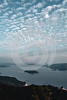 Beautiful view on cloudy sky and pearl farms from Mount Misen at Miyajima island in Hiroshima Japan