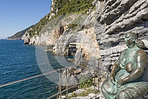 Beautiful view of the coast of Portovenere up to the Cinque Terre and the cave of Byron, Liguria, Italy