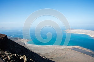 Beautiful view of coastline and La Graciosa island from Mirador del RÃ­o, at Lanzarote, Canary islands, Spain.