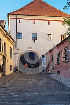 Beautiful view of cobbled street of Zagreb city and Stone gate with walking people, Croatia