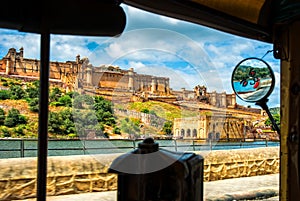 Beautiful view from the cockpit of tuk-tuk on Amber Fort, Jaipur, Rajasthan, India