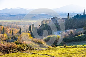 Beautiful view of country hills in fall near Frosini, Siena province, Italy