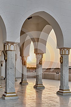 Beautiful view of courtyard of Big Mosque in Sharm El Sheikh, Egypt during sunset. Arches and columns