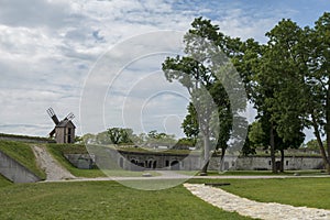 Beautiful view of the courtyard of the medieval castle and the mill