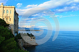 Beautiful view of Cousteau Oceanographic Museum on cliff above sea, Monaco-Ville, Principality of Monaco
