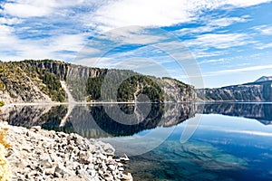 Beautiful view of the Crater lake in Oregon - the clearest lake in the world photo