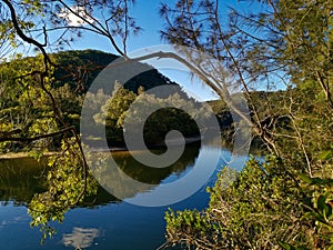 Beautiful view of a creek with reflections of blue sky, light clouds, mountains and trees on water