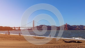 Beautiful view from Crissy Field beach of famous Golden Gate Bridge photo